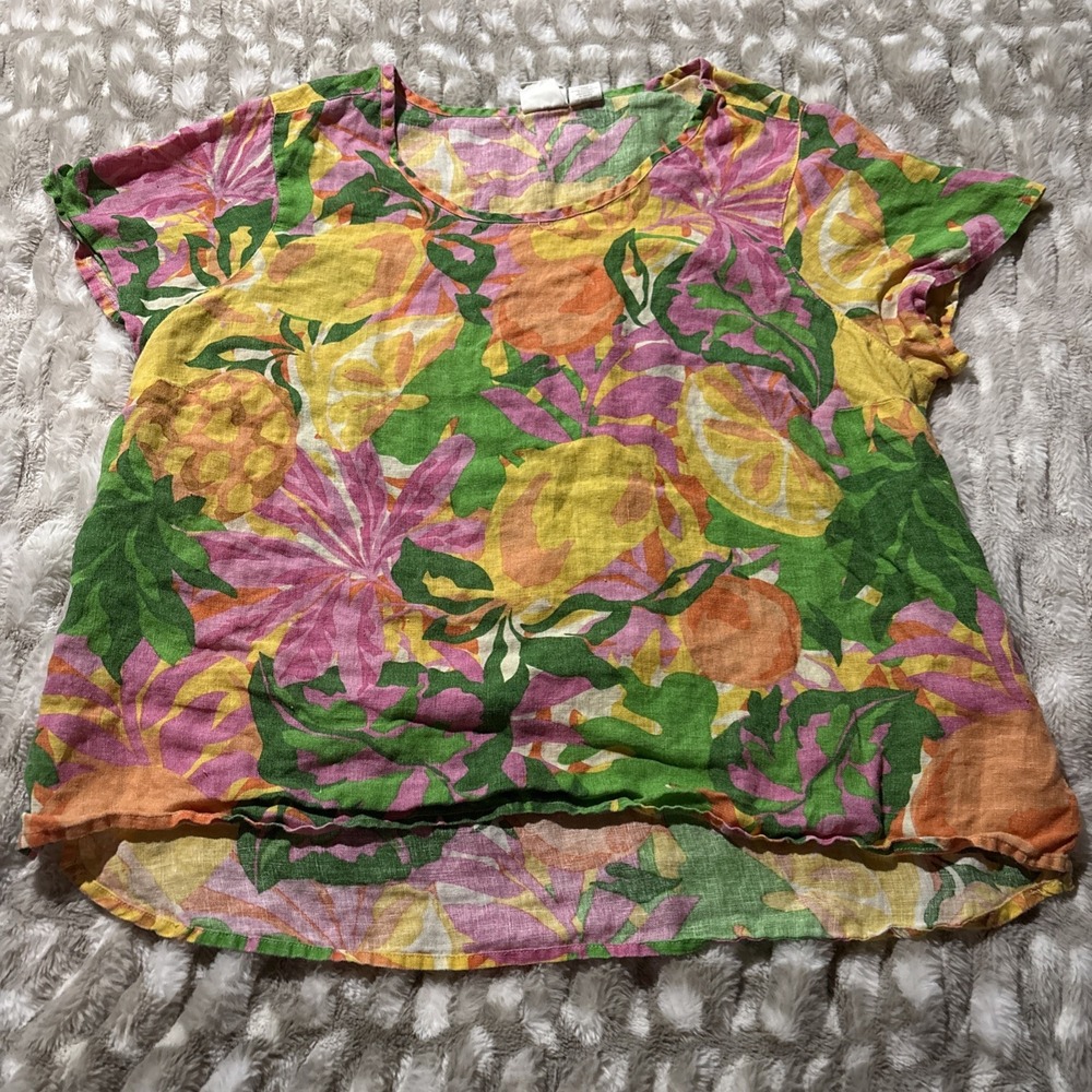 C&C California 100% Linen Tropical Print Blouse Womens 1X Colorful Vibrant